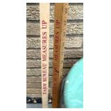 Mixed Vintage Utility Lot: Stools, Rulers, Enamel Bucket, Clamp Lamp