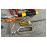 Hand tool lot with Hammers, Screwdrivers, Pliers, Stapler, and Hardware