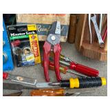 Hand tool lot with Hammers, Screwdrivers, Pliers, Stapler, and Hardware