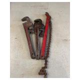 Two Heavy Duty Pipe Wrenches and Chain Wrench