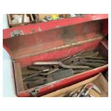 Red Metal Toolbox with Assorted Hand Tools