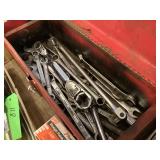 Red Metal Tool Box with Assorted Wrenches and Ratchets