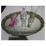 Mirrored Tray, Fenton Shoe, Hat Pins & Holder