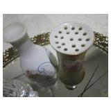 Mirrored Tray, Fenton Shoe, Hat Pins & Holder