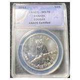 2012 CANADIAN COUGAR 1 TROY OZ .9999 FINE SILVER ANACS MS70