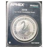 2018 AUSTRALIAN SWAN 1 TROY OZ .9999 FINE SILVER