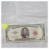 1953 $5 US Note Red Seal B UNC