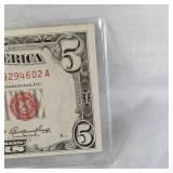 1953 $5 US Note Red Seal B UNC