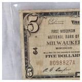 1929 $5 Milwaukee, WI, National Note