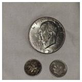 1962 Roosevelt 10c, 1936 Mercury 10c, 1972 Ike Silver Dollar
