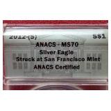 Awesome 2012-S Silver Eagle - ANACS MS70 With Beautiful Wood Case