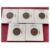 (5) Liberty "V" Nickels - 1901-1905