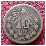 1905 Mexico Silver 10 Centavos Coin