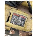 Pallet of corded tools: circular saws, cutoff saws, jigsaws, angle sander, pulleys