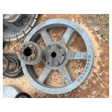 Pallet of corded tools: circular saws, cutoff saws, jigsaws, angle sander, pulleys