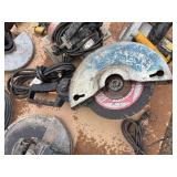 Pallet of corded tools: circular saws, cutoff saws, jigsaws, angle sander, pulleys