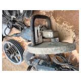 Pallet of corded tools: circular saws, cutoff saws, jigsaws, angle sander, pulleys