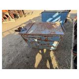 Metal workbench or tool cabinet with 2 drawers and 2 lower cabinet doors.