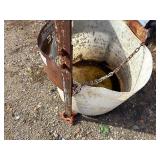 Steel lifting attachment with bucket possibly designed for mortar lifting H 46” x W 26”