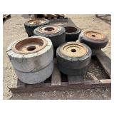 Pallet of (11) Industrial tires and rims, likely for heavy yard equipment