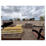 Industrial Steel pallet racking cross beams/uprights, disassembled. Plywood sheets for shelves.