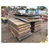 Industrial Steel pallet racking cross beams/uprights, disassembled. Plywood sheets for shelves.