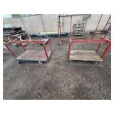 (2) Industrial flatbed carts/dollies with wood plank deck and caster wheels. Includes central lifting eye