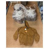 5 shelves of apparel: jackets, hoodies, sweatshirts