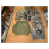 5 shelves of apparel: jackets, hoodies, sweatshirts