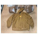 5 shelves of apparel: jackets, hoodies, sweatshirts