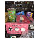 Key chains, Flashlights, rubber bands,  aluminum wallets, poker set in case, shot glasses