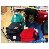 Winter hats, baseball caps and flags (top shelf)