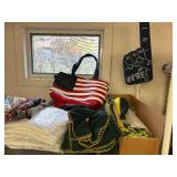 Football tchotchkes: flags, cups, blankets, key chains