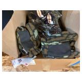 3 shelves of camo/orange hunting gear. Jackets, sweatshirts, hats, foam footballs