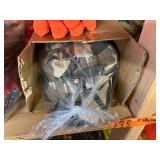 3 shelves of camo/orange hunting gear. Jackets, sweatshirts, hats, foam footballs