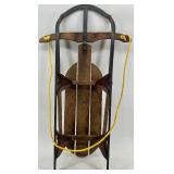 Vintage Wooden Toboggan Sled With Metal Frame & Rope