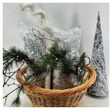 Pine Garland with Cones & Woven Basket, Patterned Cone Decor & Silver Coil Trim