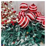 Christmas Decor Lot & String Lights, Red & White Ornaments & Poinsettia