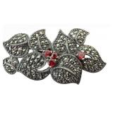 UL - Marcasite and Sterling Silver Floral Brooch with Red Stones