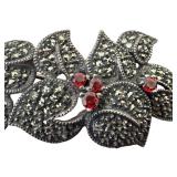 UL - Marcasite and Sterling Silver Floral Brooch with Red Stones