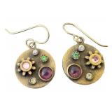UL - Patricia Locke Signed Mixed Stone Brass Drop Earrings