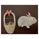 UL - Bauer Crystal Rhinestone Easter Basket and Bunny Brooch Pin Set