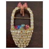 UL - Bauer Crystal Rhinestone Easter Basket and Bunny Brooch Pin Set