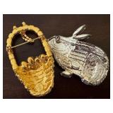 UL - Bauer Crystal Rhinestone Easter Basket and Bunny Brooch Pin Set