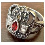 Sterling Silver Marcasite Ring with Red Center Stone