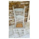 SR - Vintage White Wicker and Cane Seat Rocking Chair