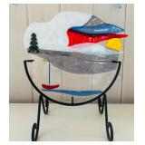 SR/FR - Fused Glass Art Panel with Sailboat and Mountain Scene on Metal Stand