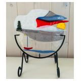 SR/FR - Fused Glass Art Panel with Sailboat and Mountain Scene on Metal Stand
