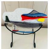 SR/FR - Fused Glass Art Panel with Sailboat and Mountain Scene on Metal Stand