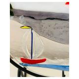 SR/FR - Fused Glass Art Panel with Sailboat and Mountain Scene on Metal Stand